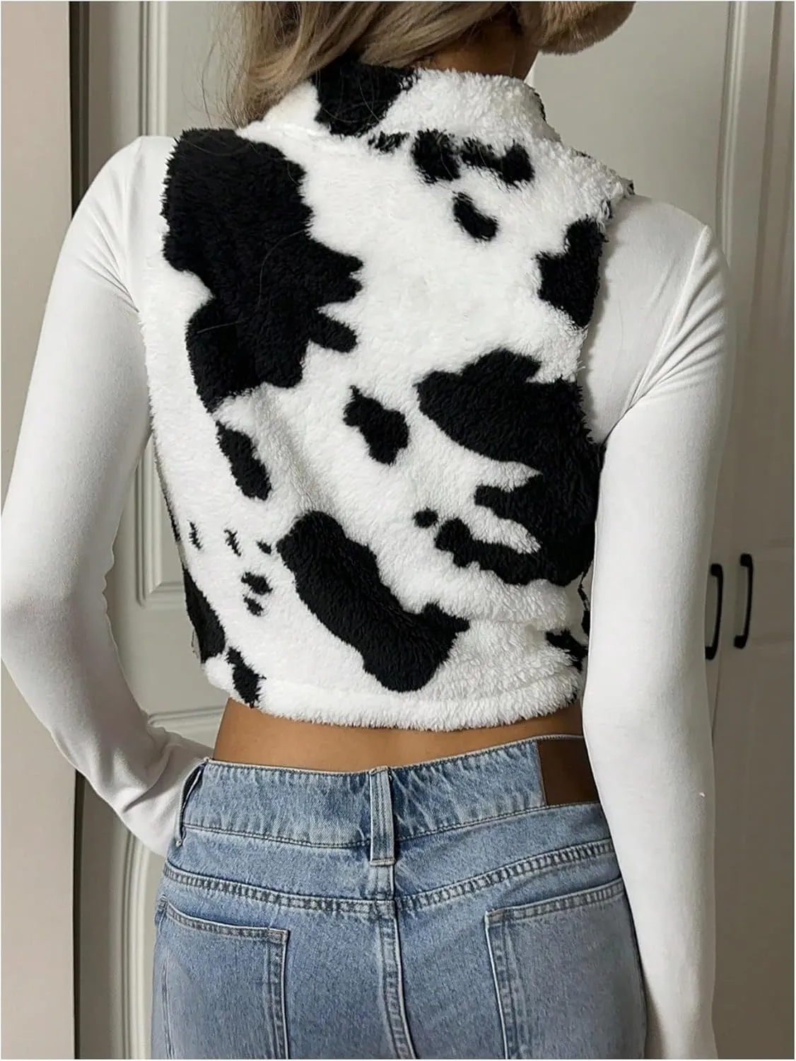 Women's Y2k Leopard Print Cropped Vest Jacket Zip Up Fuzzy Sleeveless Cheetah Outwear