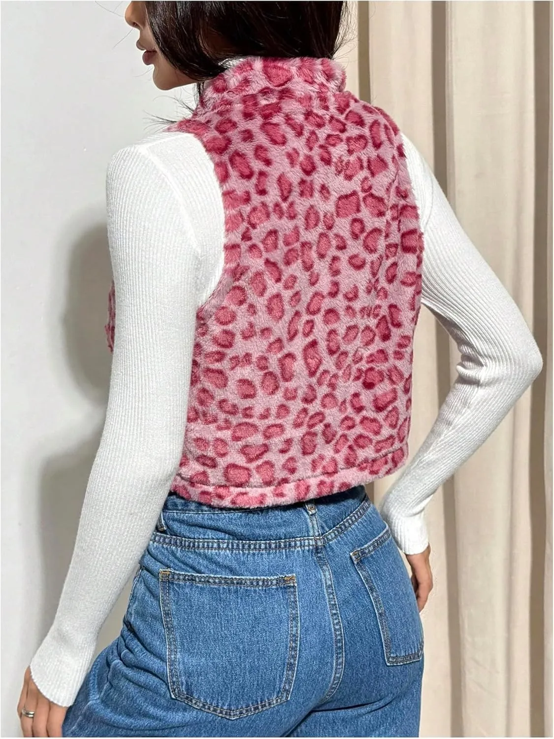 Women's Y2k Leopard Print Cropped Vest Jacket Zip Up Fuzzy Sleeveless Cheetah Outwear