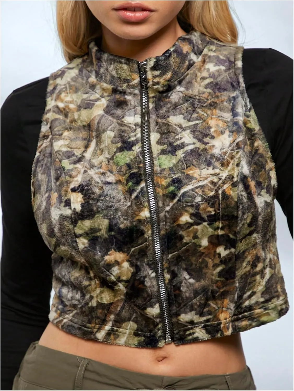 Women's Y2k Leopard Print Cropped Vest Jacket Zip Up Fuzzy Sleeveless Cheetah Outwear