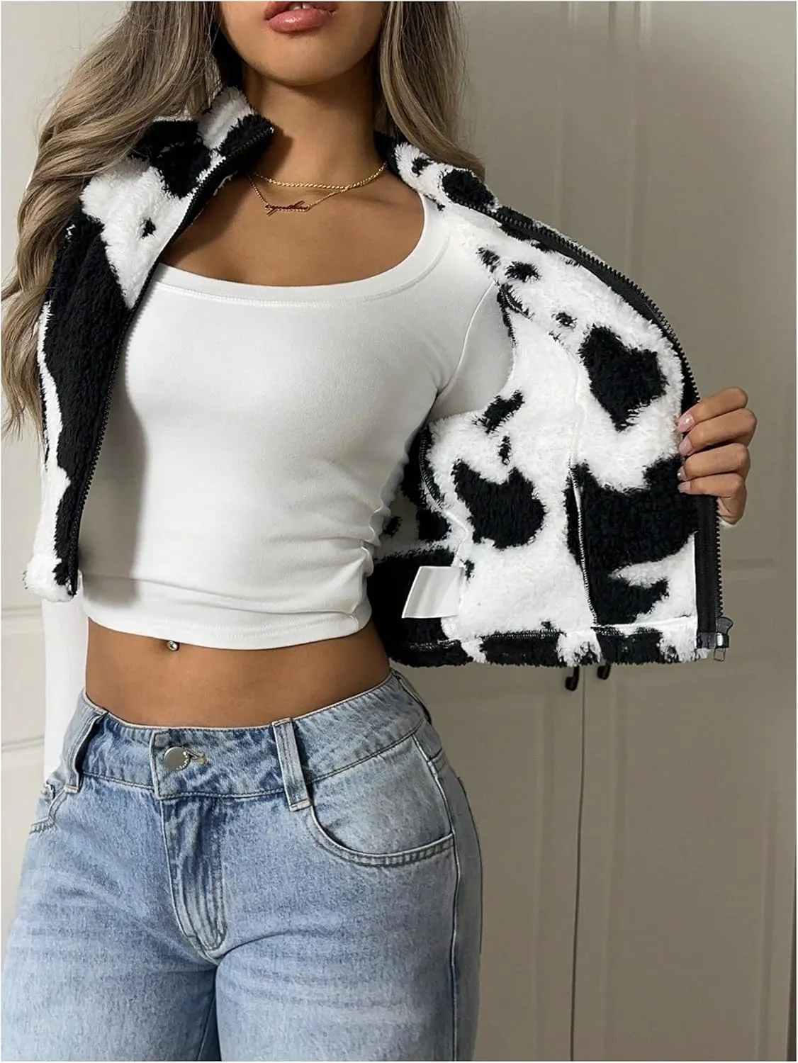 Women's Y2k Leopard Print Cropped Vest Jacket Zip Up Fuzzy Sleeveless Cheetah Outwear