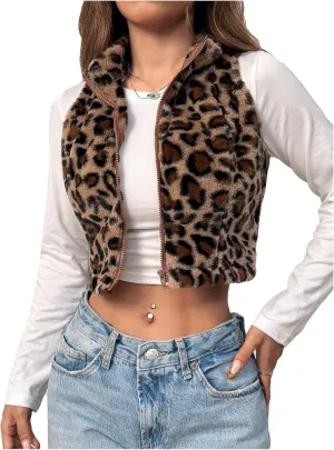 Women's Y2k Leopard Print Cropped Vest Jacket Zip Up Fuzzy Sleeveless Cheetah Outwear