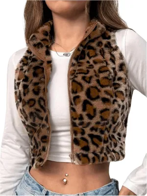 Women's Y2k Leopard Print Cropped Vest Jacket Zip Up Fuzzy Sleeveless Cheetah Outwear