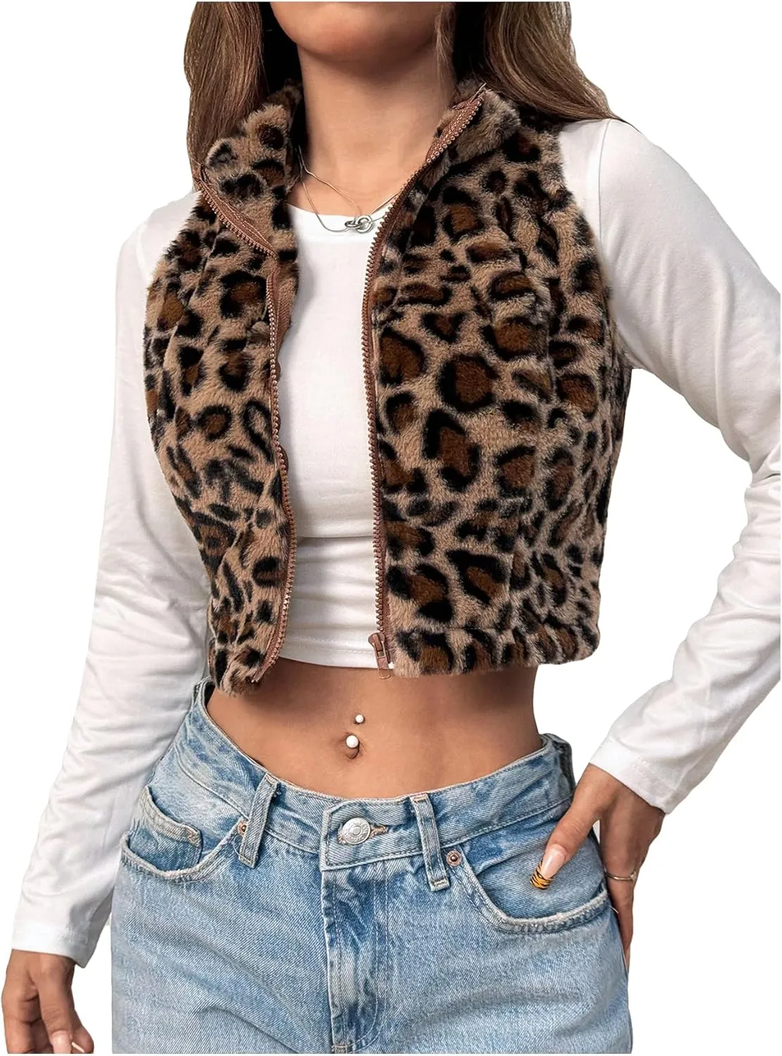 Women's Y2k Leopard Print Cropped Vest Jacket Zip Up Fuzzy Sleeveless Cheetah Outwear