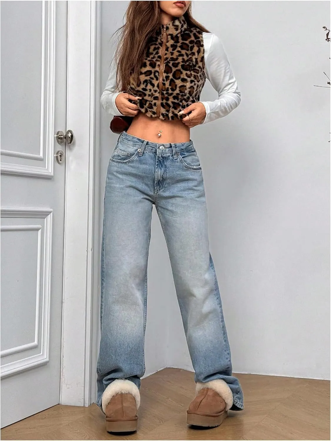 Women's Y2k Leopard Print Cropped Vest Jacket Zip Up Fuzzy Sleeveless Cheetah Outwear