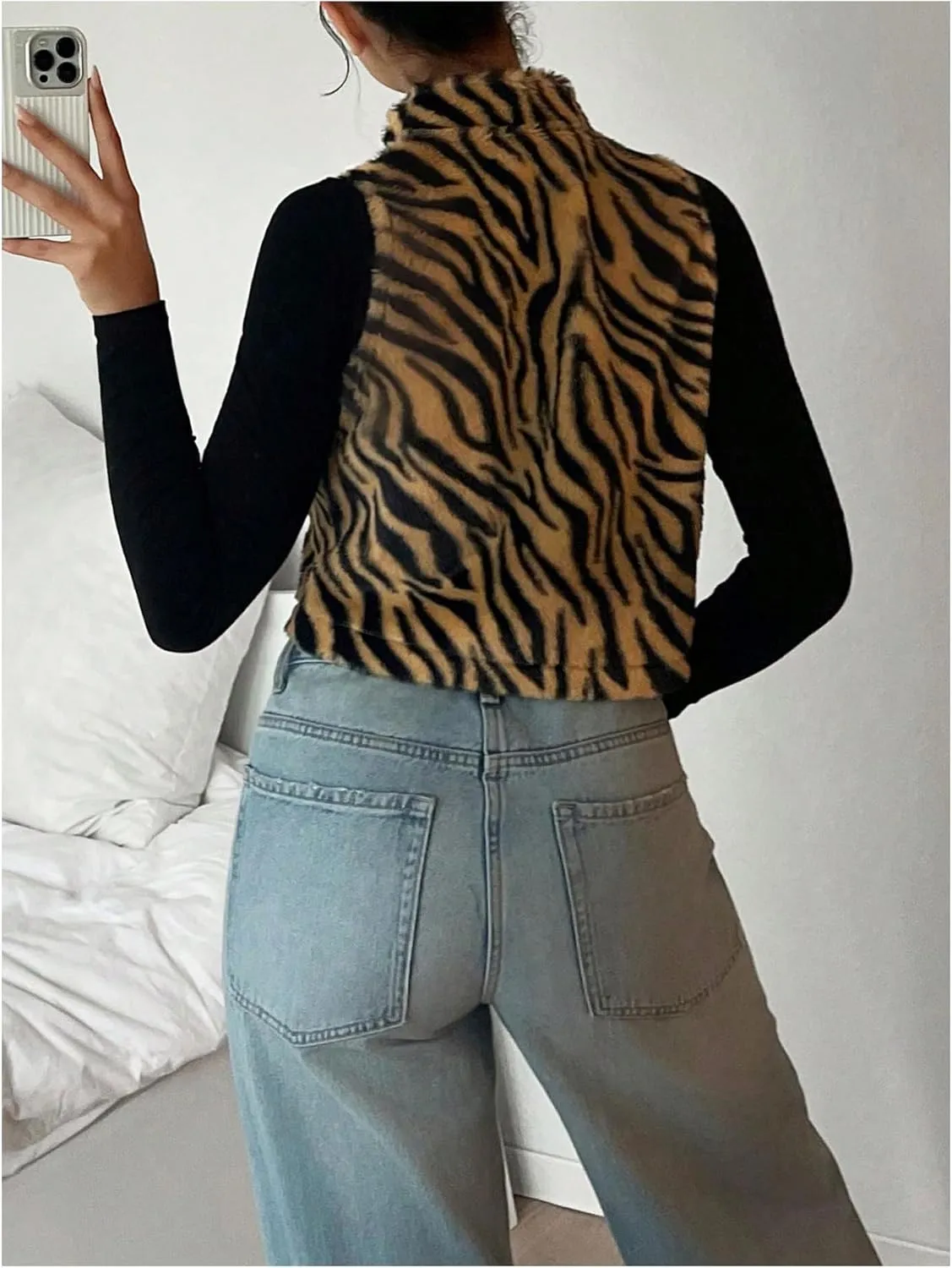 Women's Y2k Leopard Print Cropped Vest Jacket Zip Up Fuzzy Sleeveless Cheetah Outwear
