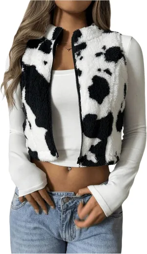 Women's Y2k Leopard Print Cropped Vest Jacket Zip Up Fuzzy Sleeveless Cheetah Outwear