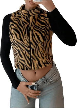 Women's Y2k Leopard Print Cropped Vest Jacket Zip Up Fuzzy Sleeveless Cheetah Outwear