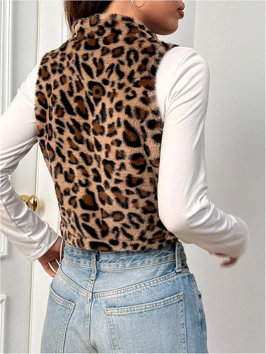 Women's Y2k Leopard Print Cropped Vest Jacket Zip Up Fuzzy Sleeveless Cheetah Outwear