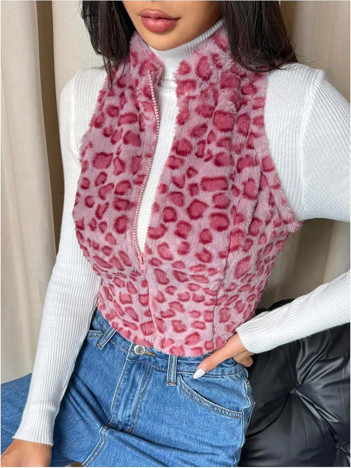 Women's Y2k Leopard Print Cropped Vest Jacket Zip Up Fuzzy Sleeveless Cheetah Outwear