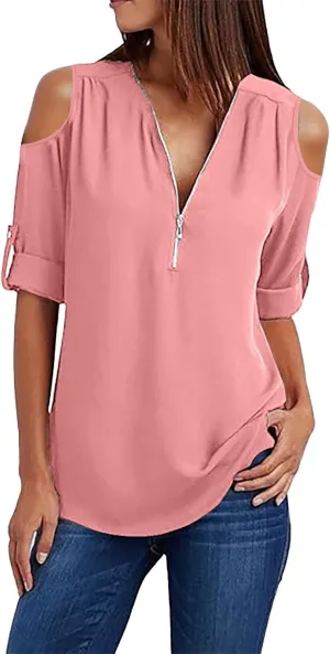Womens Zipper Cold Shoulder Tops 3/4 Roll Sleeve V Neck Shirts Casual Loose Flowy Hem Work Elegant Chiffon Blouses