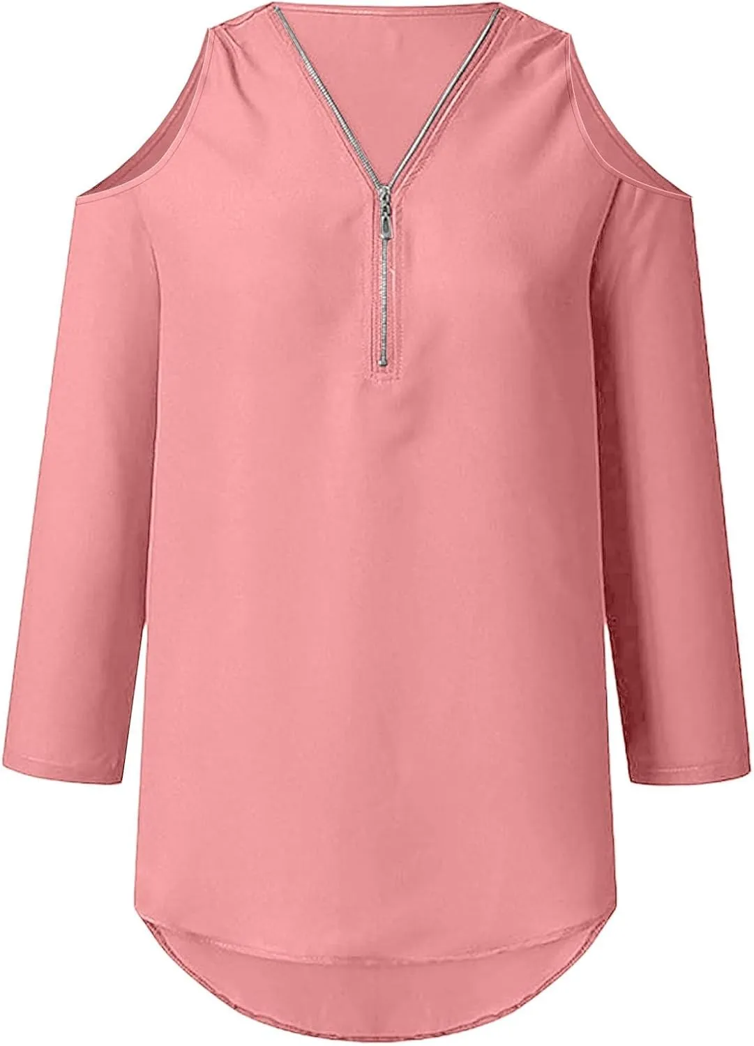Womens Zipper Cold Shoulder Tops 3/4 Roll Sleeve V Neck Shirts Casual Loose Flowy Hem Work Elegant Chiffon Blouses
