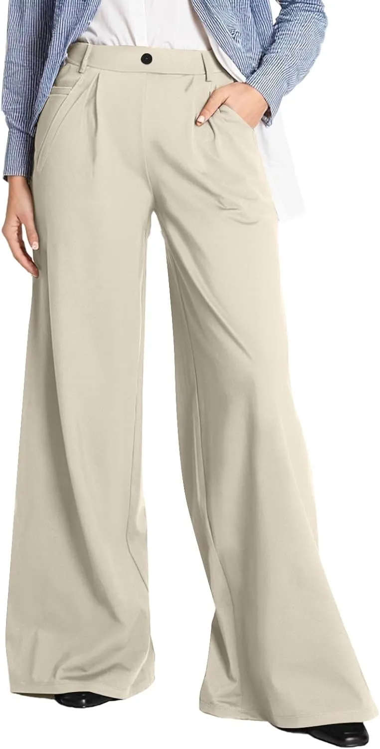 Work Pants Women High Waisted Flowy Casual Stretchy Wide Leg Dress Pants Baggy Palazzo Trouser Pants with Pockets