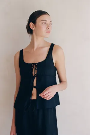 Woven Linen Front Ribbon Tie Detailed Top - Black