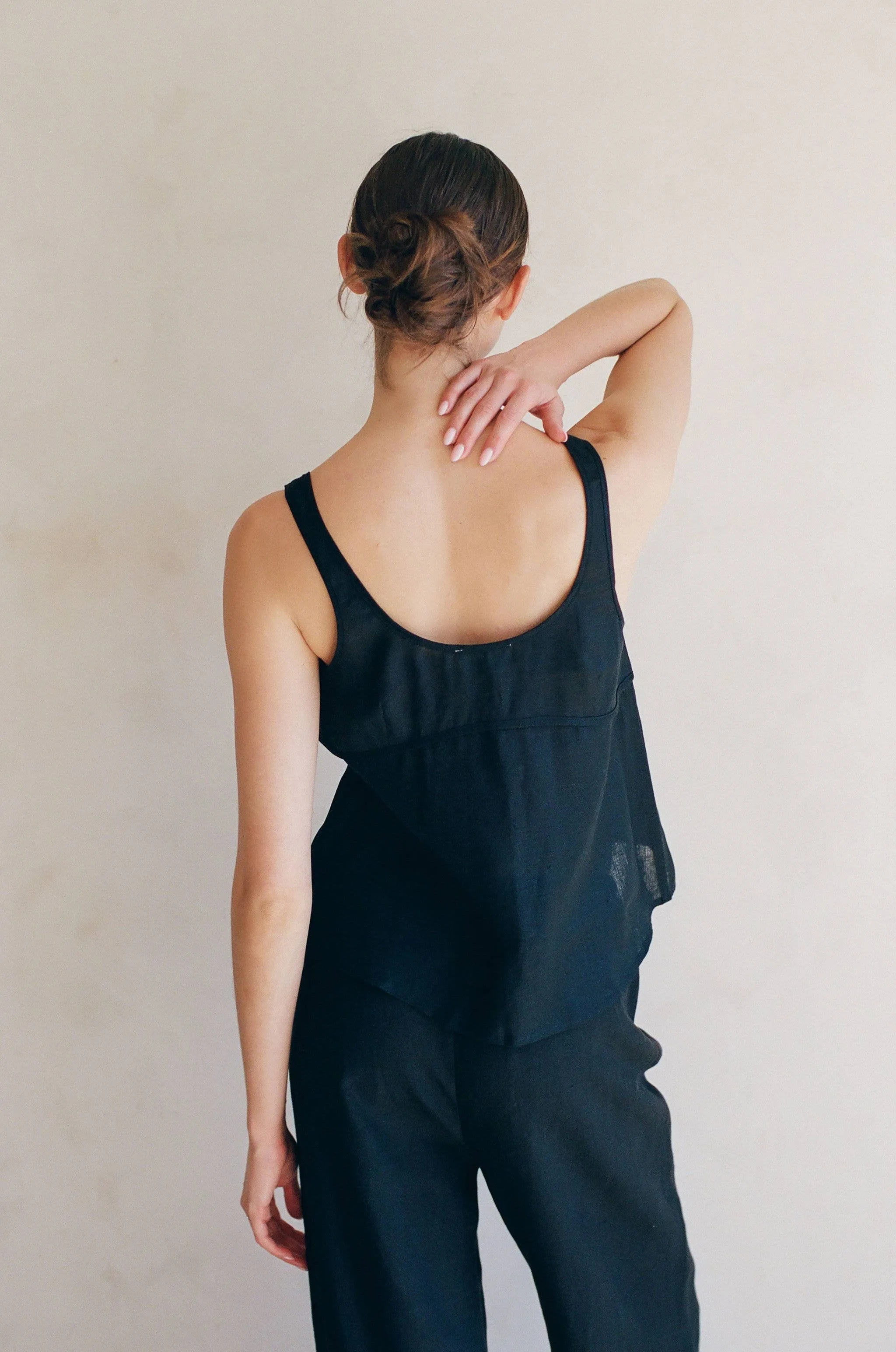Woven Linen Front Ribbon Tie Detailed Top - Black