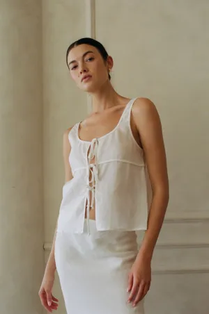 Woven Linen Front Ribbon Tie Detailed Top - White