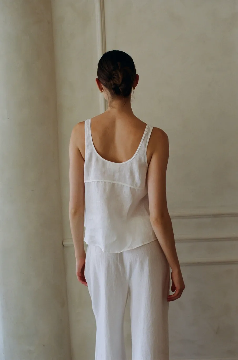 Woven Linen Front Ribbon Tie Detailed Top - White