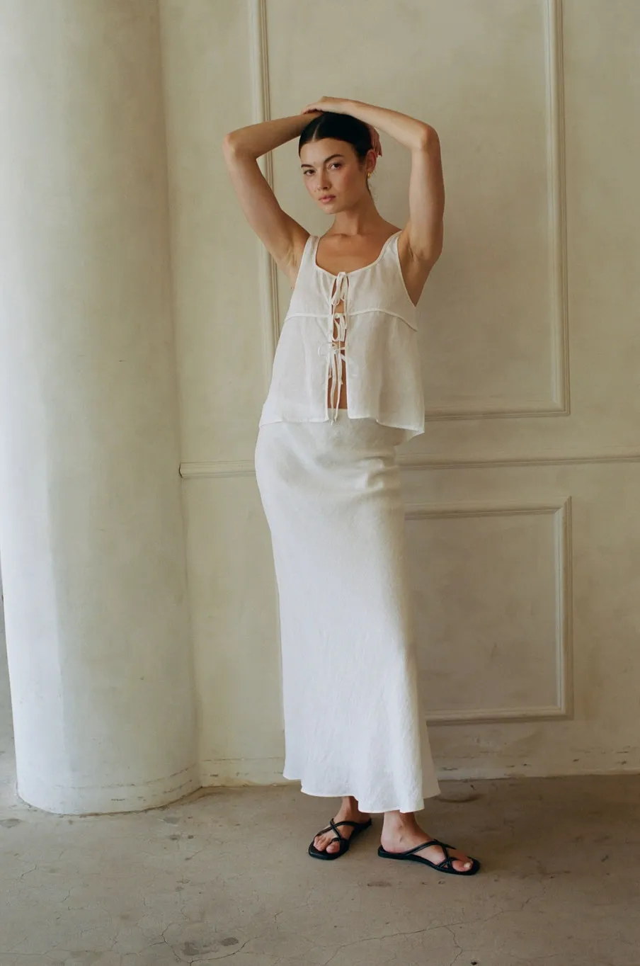Woven Linen Front Ribbon Tie Detailed Top - White