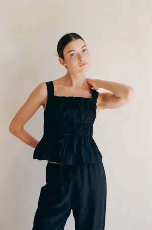 Woven Tiered Tie Front Ruffle Hem Top - Black