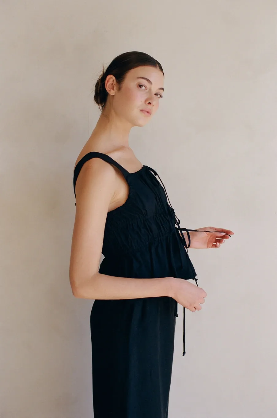 Woven Tiered Tie Front Ruffle Hem Top - Black