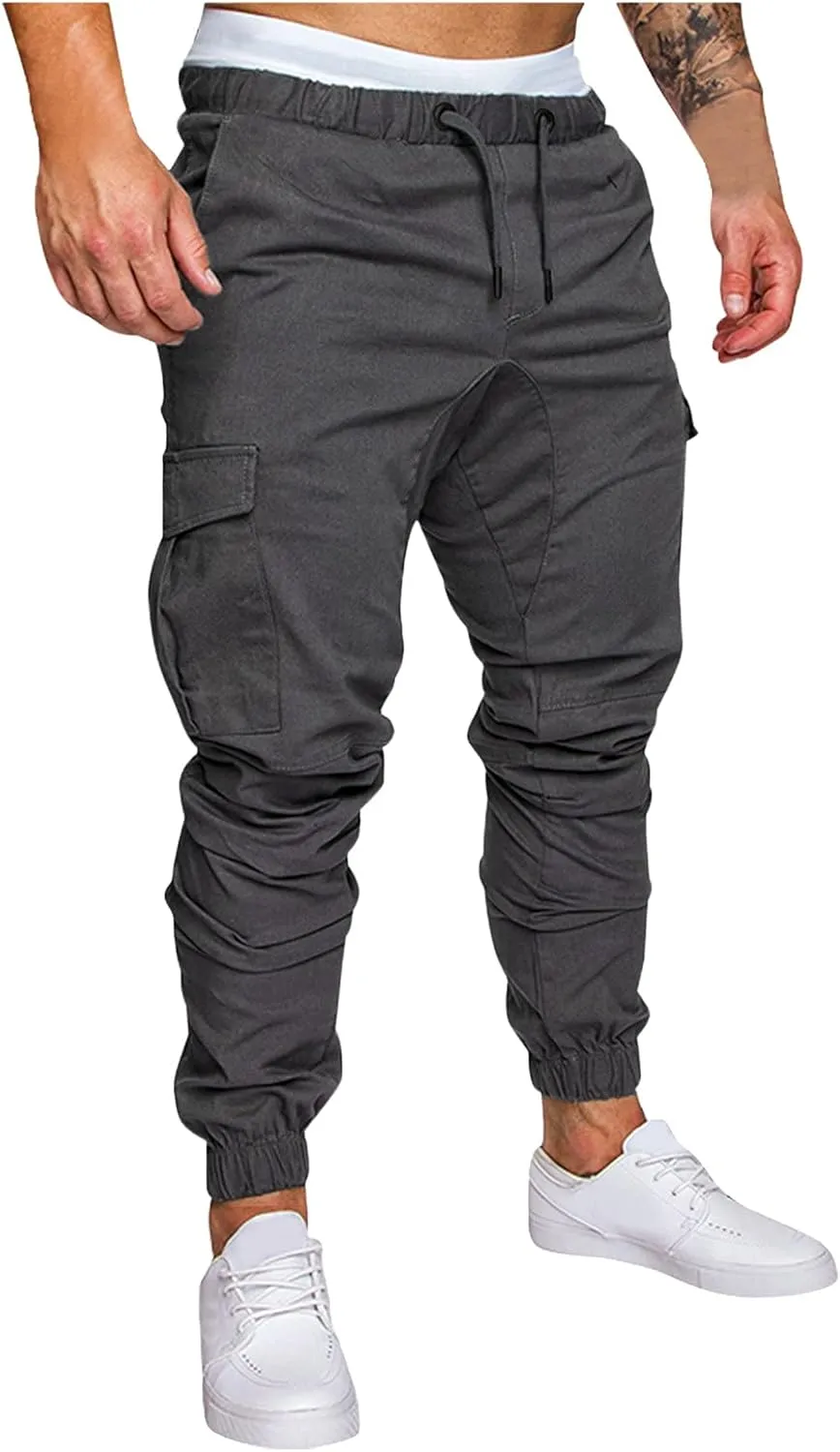 WUAI-Men Cargo Pants Elastic Waist Slim Fit Athletic Jogger Pants Drawstring Khaki Chinos Trousers Sweatpants