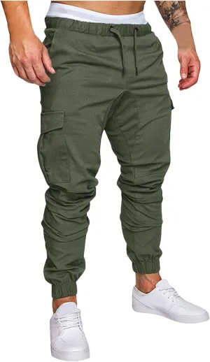 WUAI-Men Cargo Pants Elastic Waist Slim Fit Athletic Jogger Pants Drawstring Khaki Chinos Trousers Sweatpants