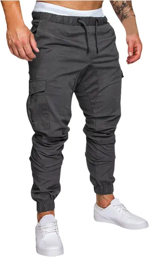 WUAI-Men Cargo Pants Elastic Waist Slim Fit Athletic Jogger Pants Drawstring Khaki Chinos Trousers Sweatpants