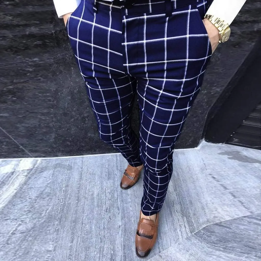 WUAI-Men Chinos Slim Fit Plaid Stretch Flat-Front Skinny Dress Pants Business Work Pencil Lounge Pants