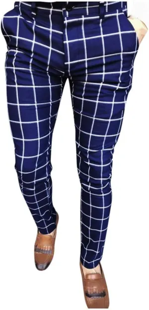 WUAI-Men Chinos Slim Fit Plaid Stretch Flat-Front Skinny Dress Pants Business Work Pencil Lounge Pants