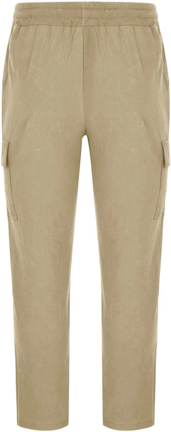 Xiaojmake Mens Linen Cargo Pants Drawstring Casual Hiking Pant Rolled Up Hem Athletic Trouser Cotton Loose Straight Sweatpant