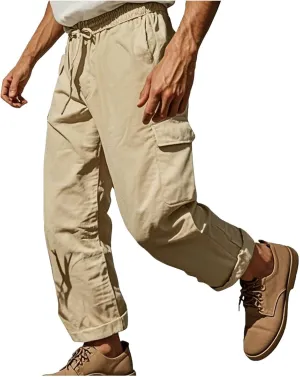 Xiaojmake Mens Linen Cargo Pants Drawstring Casual Hiking Pant Rolled Up Hem Athletic Trouser Cotton Loose Straight Sweatpant
