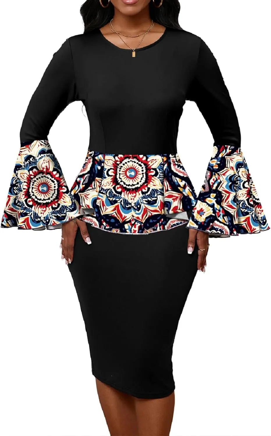 Xinlees Women's Bodycon Pencil Dress with Bell Sleeves Elegant and Versatile Casual Sheath Dress