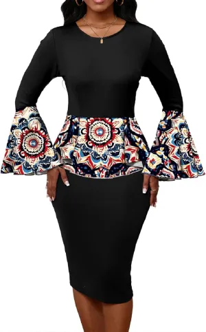 Xinlees Women's Bodycon Pencil Dress with Bell Sleeves Elegant and Versatile Casual Sheath Dress