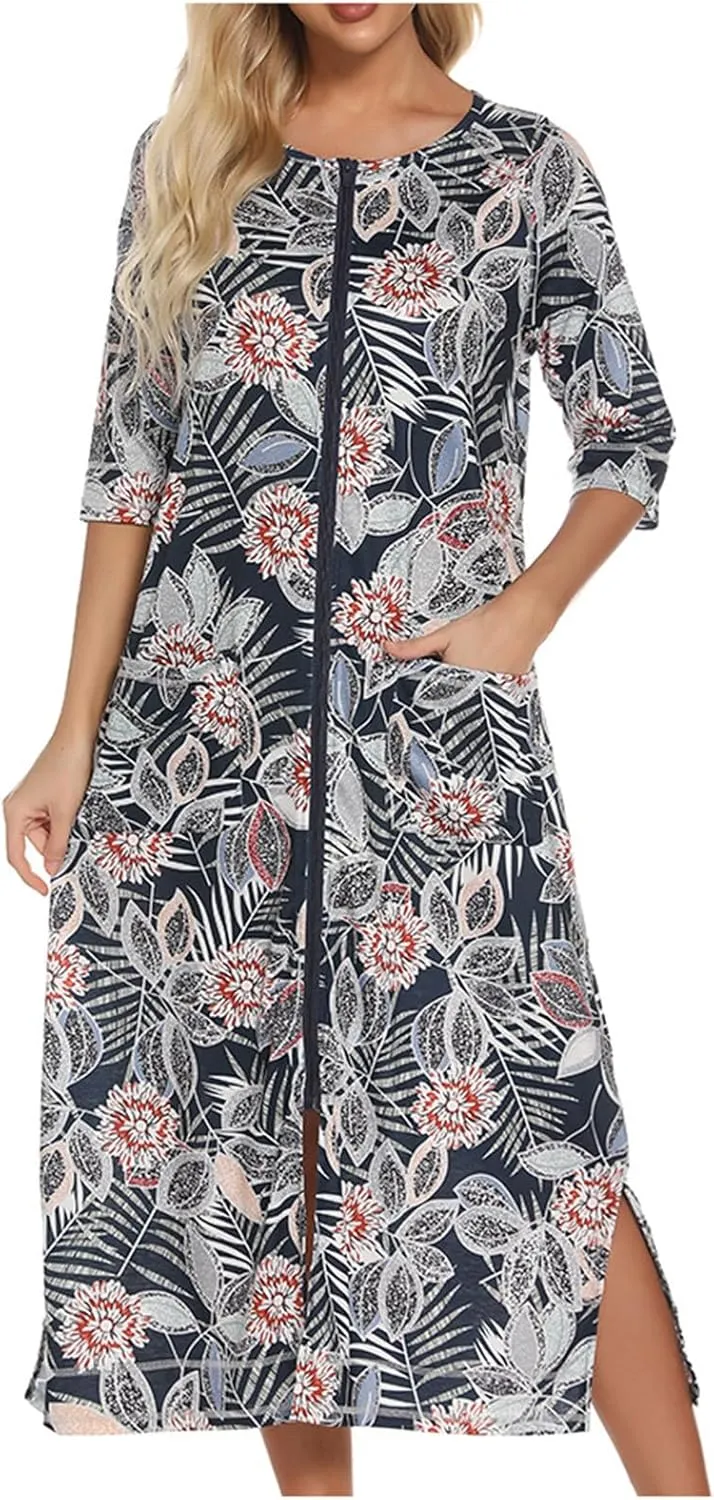 XUNRYAN Womens Zipper Robe 3/4 Sleeves Loungewear Floral Dress Full Length Sleepwear Pocket Housecoat Nightgown Long Bathrobe