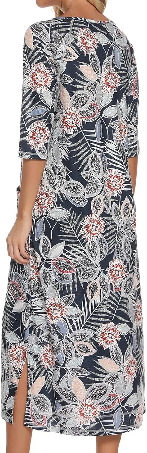 XUNRYAN Womens Zipper Robe 3/4 Sleeves Loungewear Floral Dress Full Length Sleepwear Pocket Housecoat Nightgown Long Bathrobe