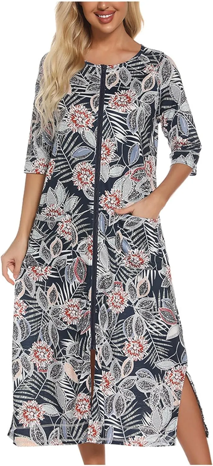 XUNRYAN Womens Zipper Robe 3/4 Sleeves Loungewear Floral Dress Full Length Sleepwear Pocket Housecoat Nightgown Long Bathrobe