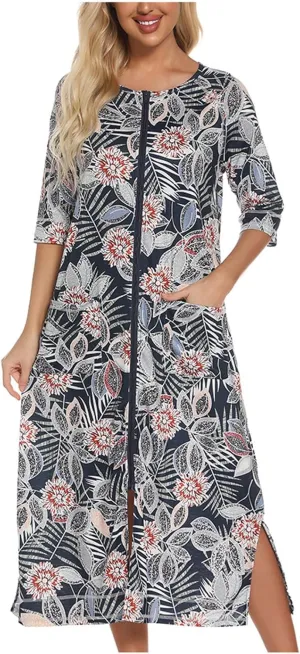 XUNRYAN Womens Zipper Robe 3/4 Sleeves Loungewear Floral Dress Full Length Sleepwear Pocket Housecoat Nightgown Long Bathrobe