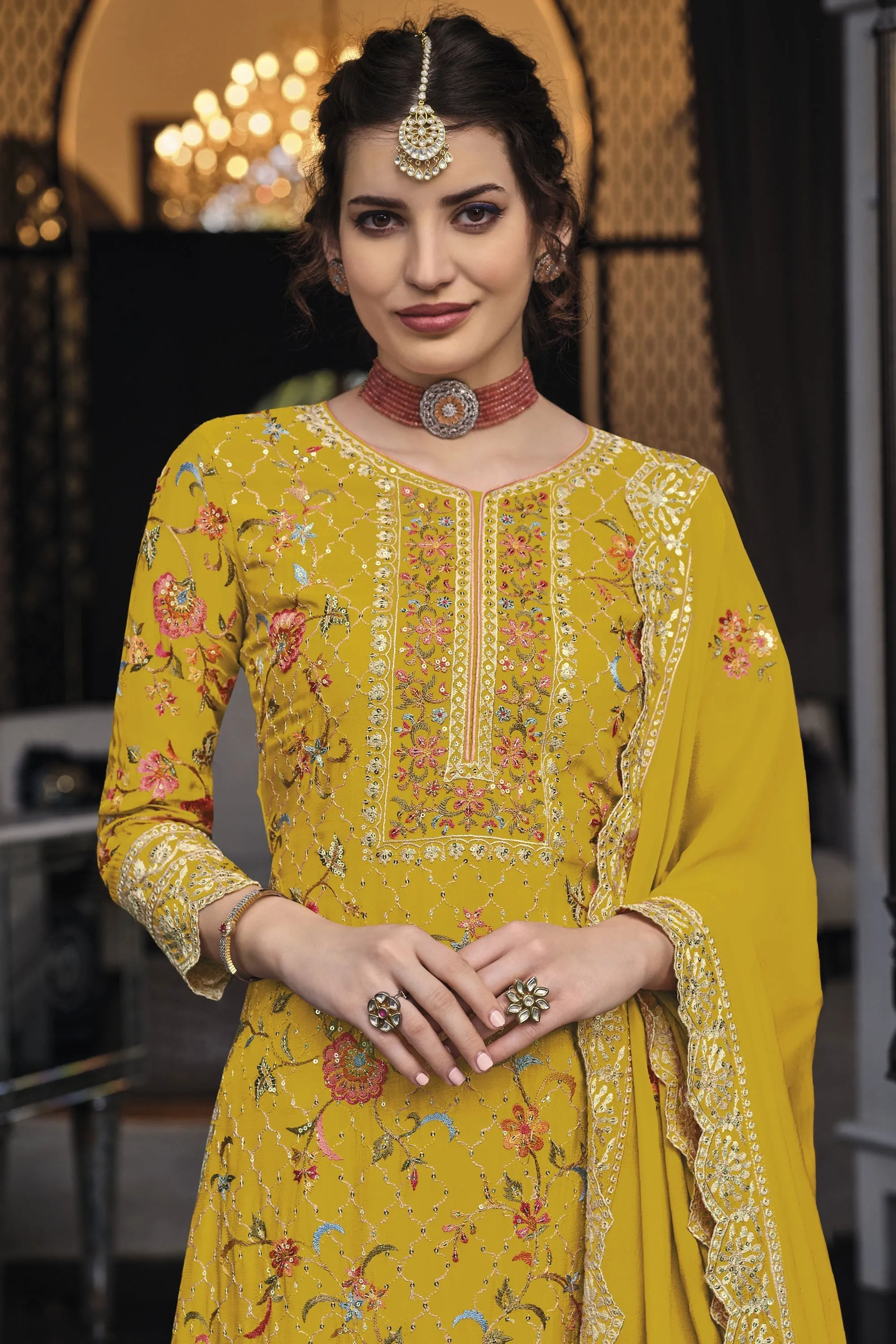 Yellow Color Art Silk Fabric Gorgeous Festive Look Palazzo Suit