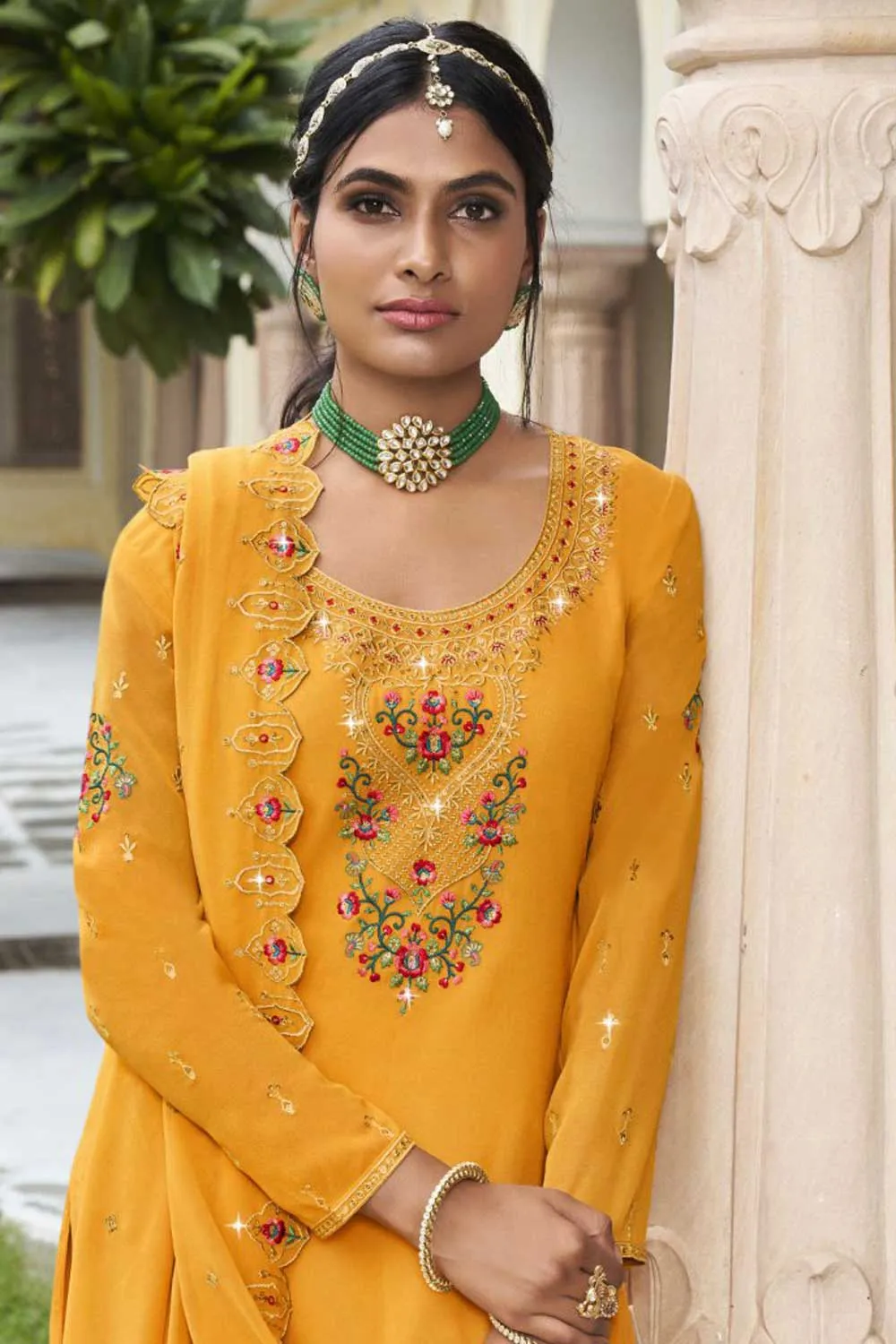 Yellow Color Inventive Sharara Suit In Georgette Fabric