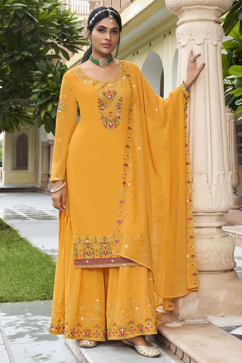Yellow Color Inventive Sharara Suit In Georgette Fabric