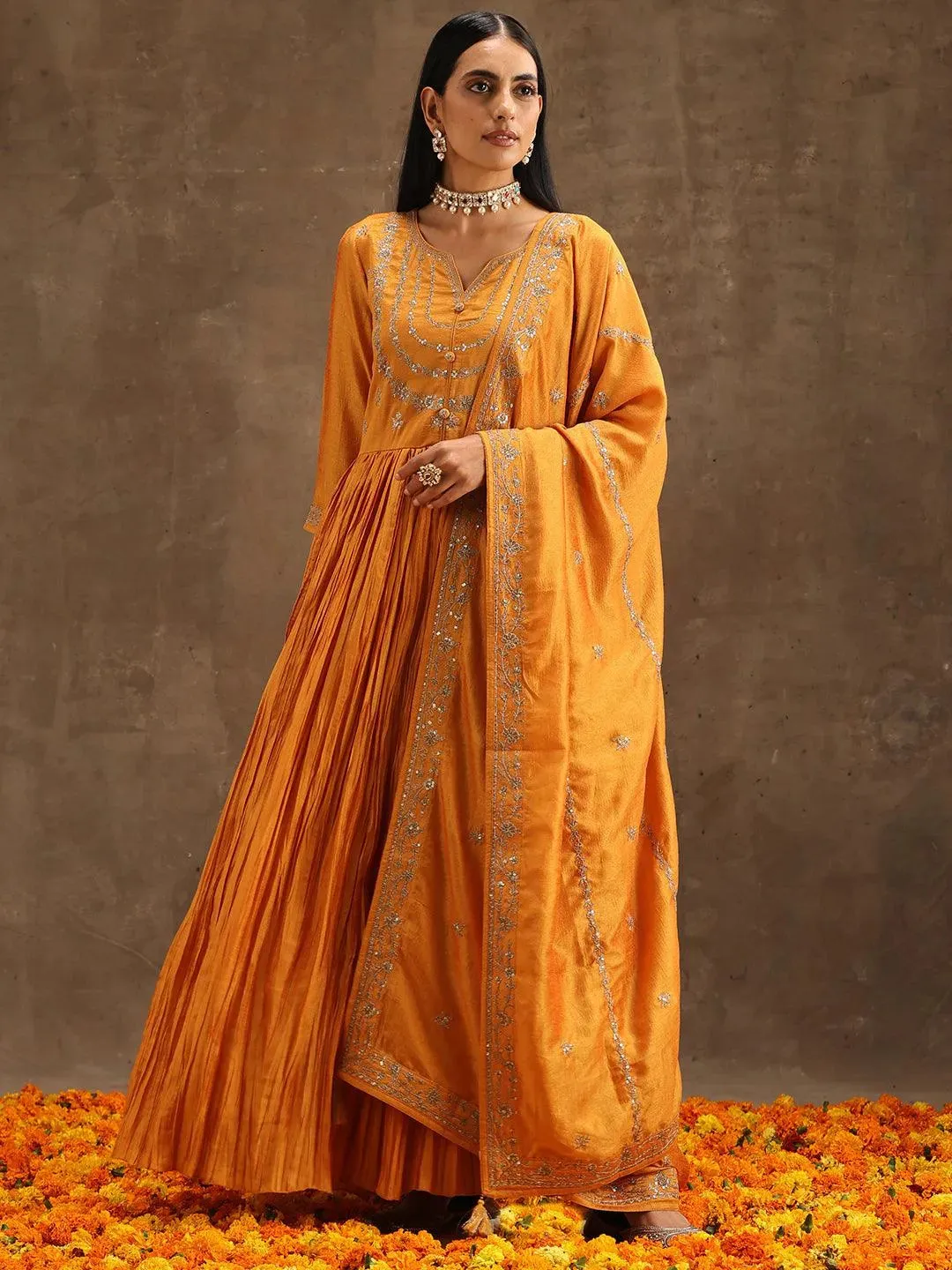 Yellow Embroidered Silk Blend Anarkali Kurta With Trousers & Dupatta