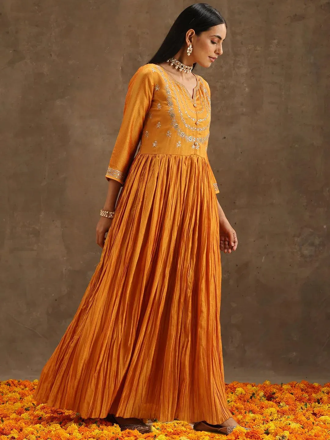Yellow Embroidered Silk Blend Anarkali Kurta With Trousers & Dupatta