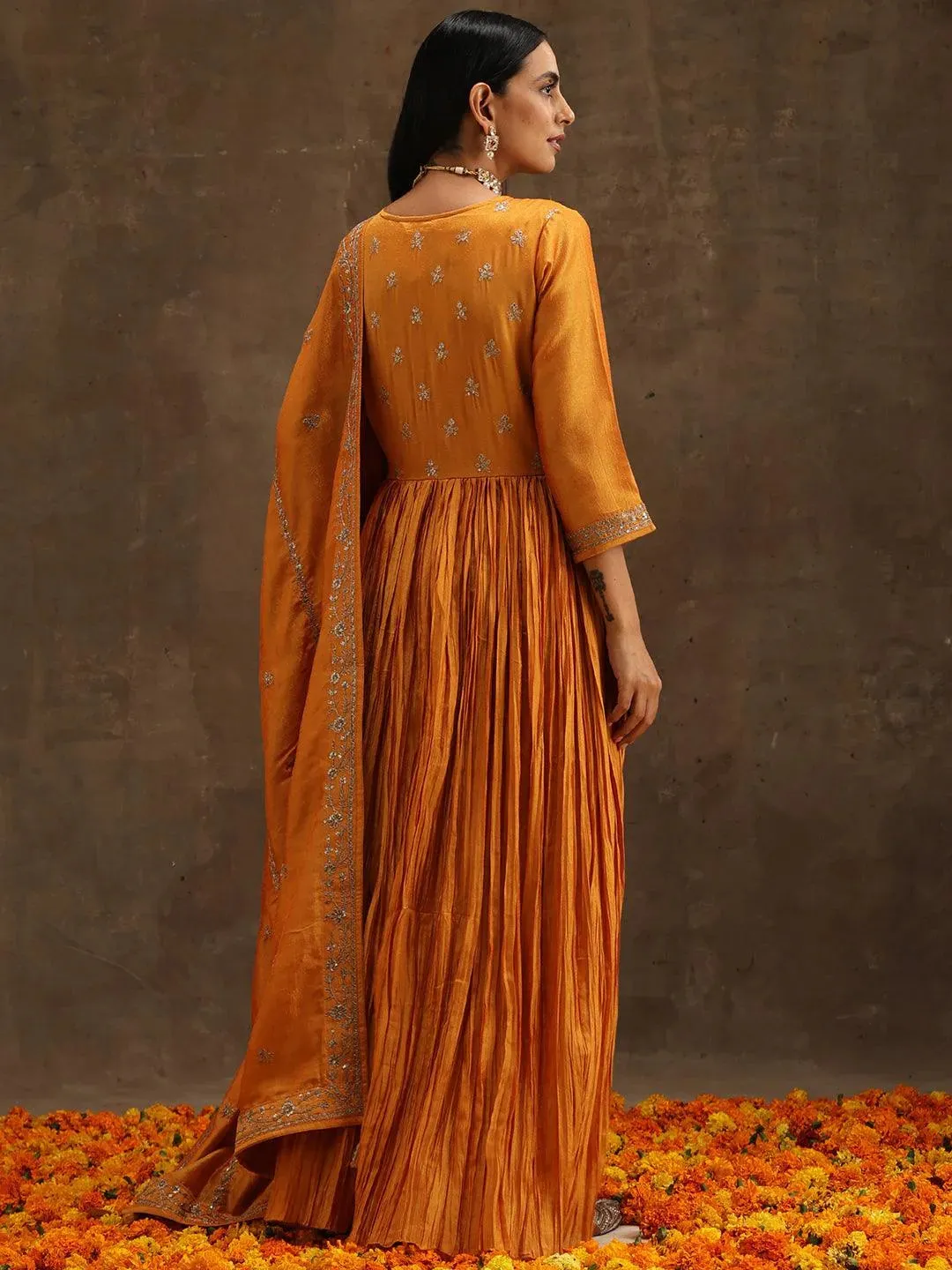 Yellow Embroidered Silk Blend Anarkali Kurta With Trousers & Dupatta