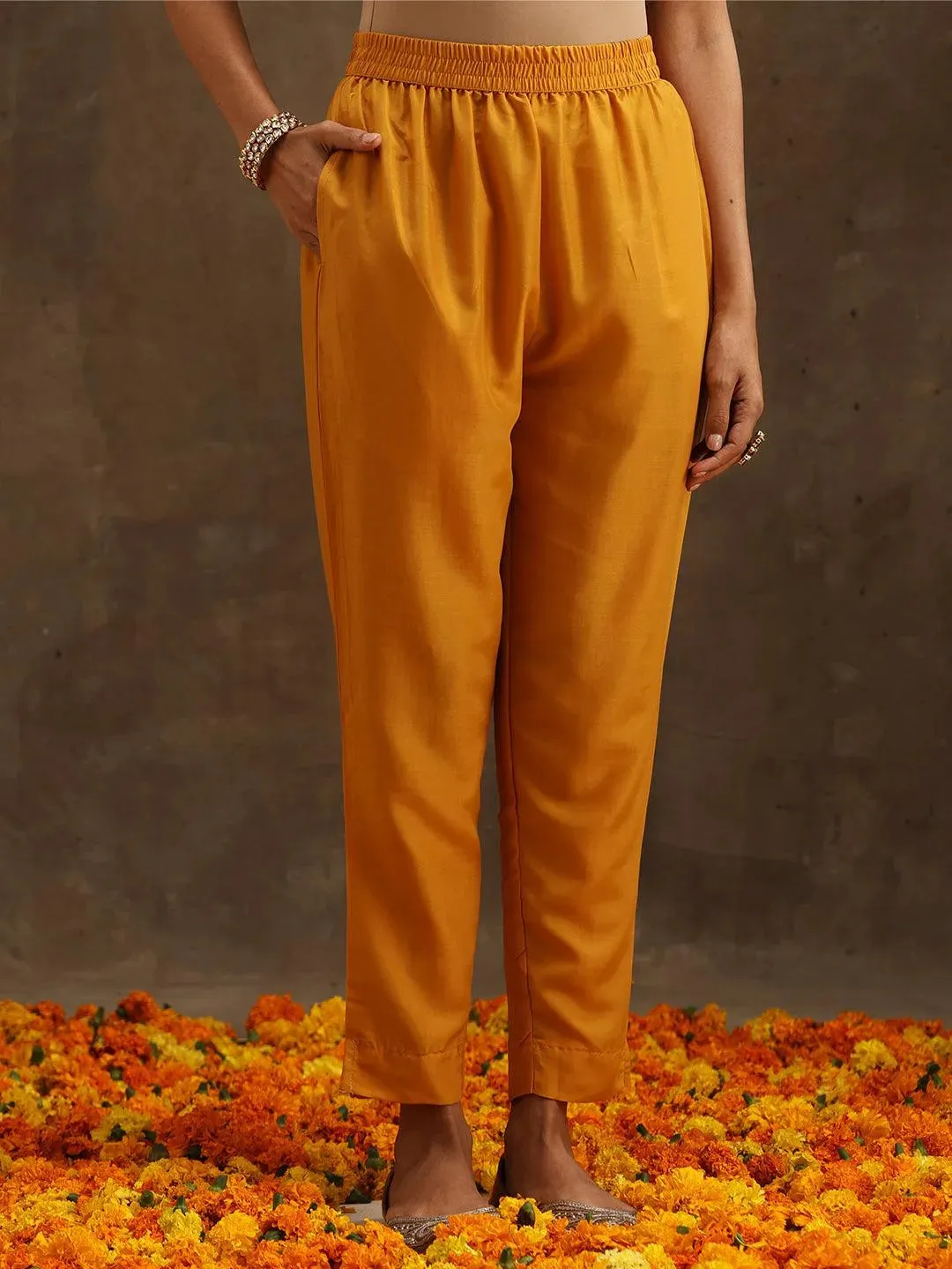 Yellow Embroidered Silk Blend Anarkali Kurta With Trousers & Dupatta