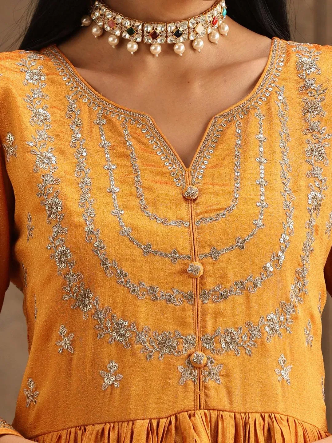 Yellow Embroidered Silk Blend Anarkali Kurta With Trousers & Dupatta