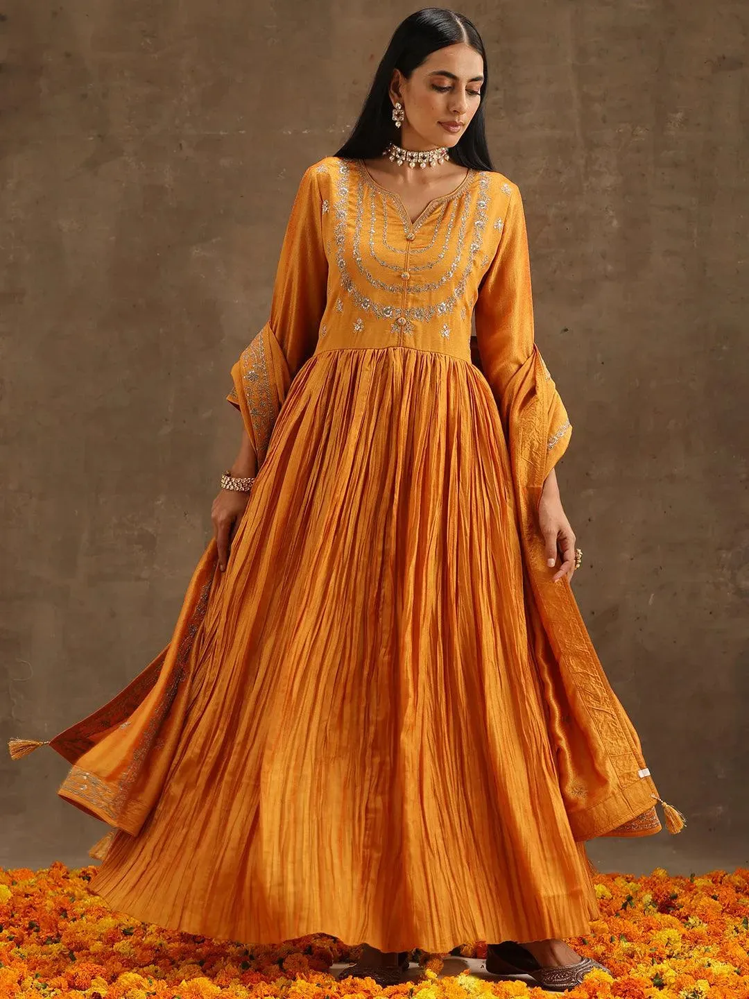 Yellow Embroidered Silk Blend Anarkali Kurta With Trousers & Dupatta