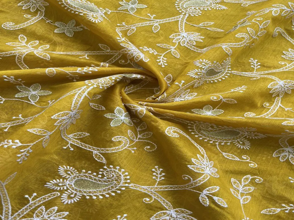 Yellow Floral Chikankari Embroidered Chanderi Fabric  (Wholesale)