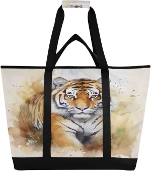 Yellow Tiger Tote Bag for Women with Zipper Reusable Grocery Bags Foldable Insulated Cooler Bag Shopping Bags Handbags Totes for Groceries Picnic Travel Work Beach