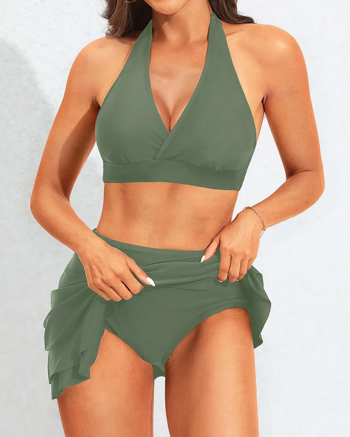 Yonique Womens High Waisted Bikini with Skirt Two Piece Swimsuit with Tummy Control Halter Bathing Suit