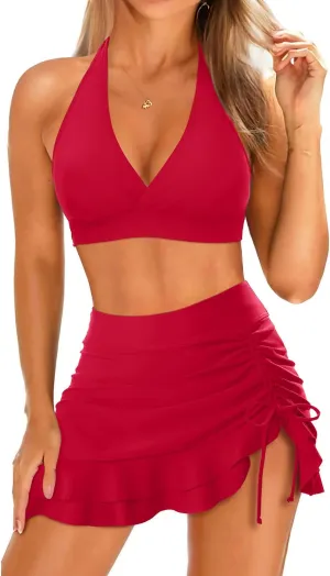 Yonique Womens High Waisted Bikini with Skirt Two Piece Swimsuit with Tummy Control Halter Bathing Suit