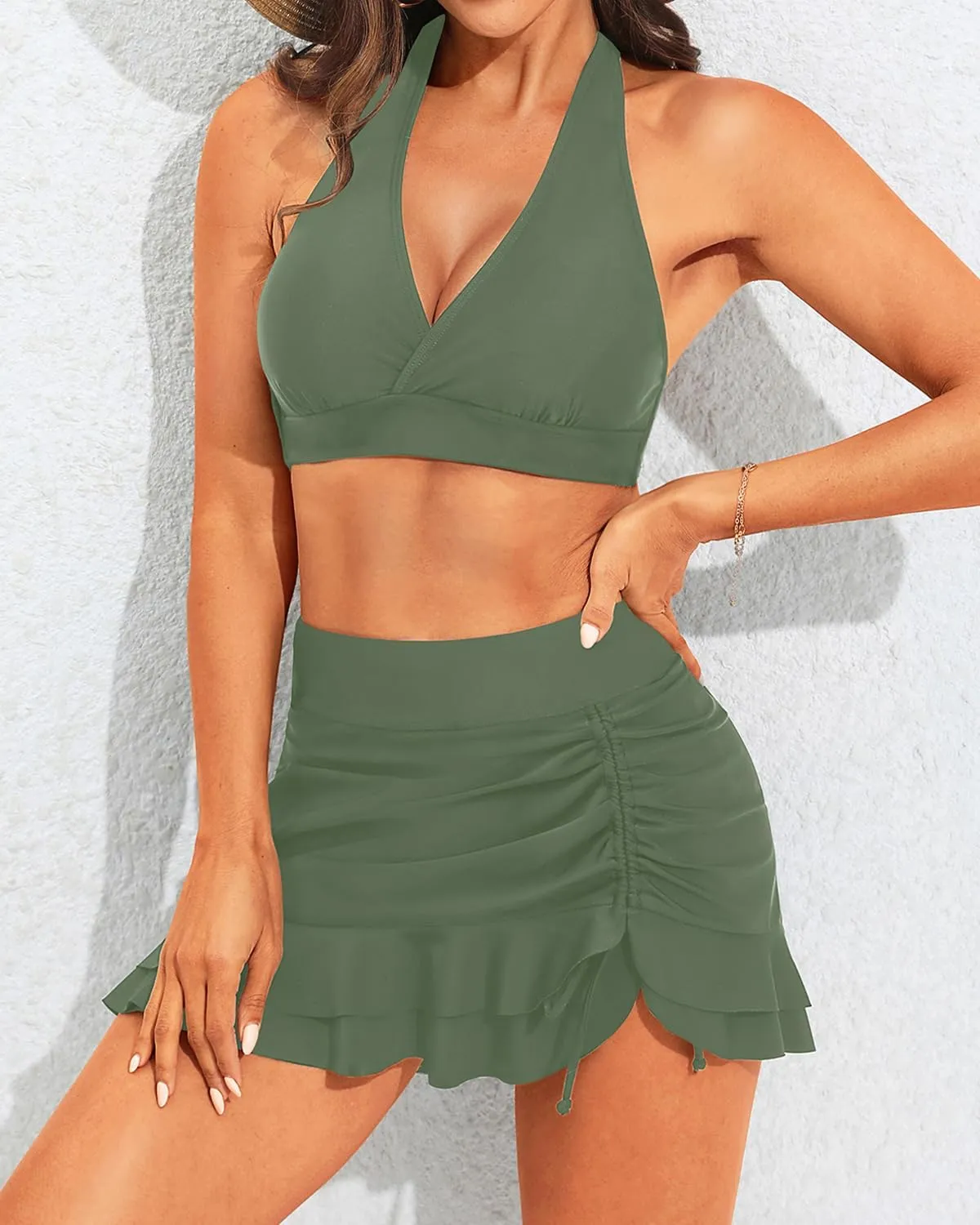 Yonique Womens High Waisted Bikini with Skirt Two Piece Swimsuit with Tummy Control Halter Bathing Suit